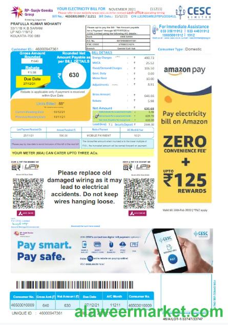 INDIA CESC LIMITED utility bill Word and PDF template, version 2